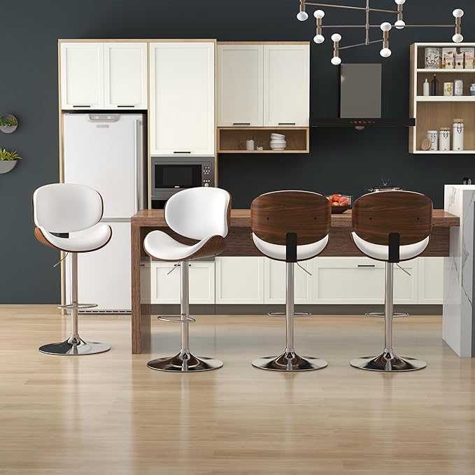 KCC Bar Stools Set of 6, Swivel Adjustable Height Barstools, PU Leather Upholstered Bar Chairs with Footrest, Bentwood Bar Stool for Kitchen, Bar, Dining Room(White PU)