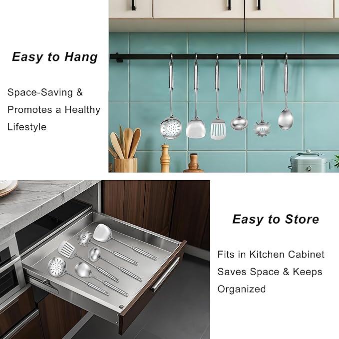 18/10 Stainless Steel Cooking Utensils Set 9 Pack Metal Kitchen Utensil, Spatula, Serving Soup spoon, Leaking shovel, Ladle, Tunner, Pasta Server, Meat Fork Kitchen Tools Set