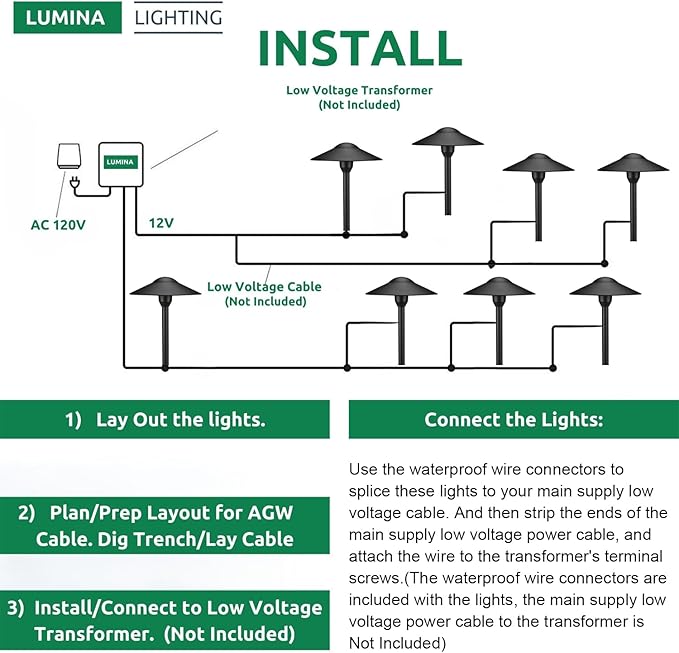 Lumina Lighting® 4W Landscape Lighting 12V Landscape Lights Low Voltage Landscape Path Lights Warm White Waterproof Outdoor Replaceable G4 LED Bulb for Garden Pathway Lawn Yard (Black) (8-Pack)