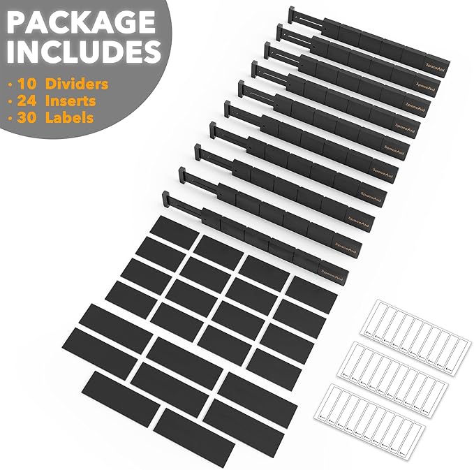 SpaceAid Bamboo Drawer Dividers with Inserts and Labels, Kitchen Adjustable Drawer Organizers, Expandable Organization for Home, Office, Dressers, 10 Dividers with 24 Inserts (17"-22" Black)