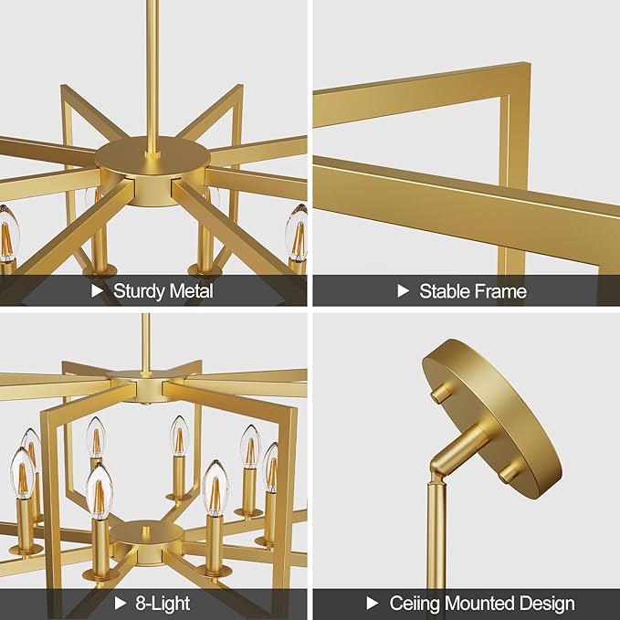 Modern Gold Chandelier, 8-Light Geometric Dining Room Light Fixture, Industrial Pendant Lights Kitchen Island, Hanging Metal Farmhouse Chandeliers for Dining Room Entryway Foyer Bedroom Kitchen 
