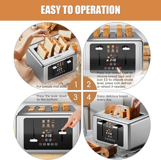 whall 4 Slice Touch Screen Toaster, Stainless Steel Toasters Digital Timer, Dual Control Panel Toasters,6 Shade Settings&6 Bread Types, Smart Wide Slots, Bagel, Cancel, Defrost, Flat lever Silver