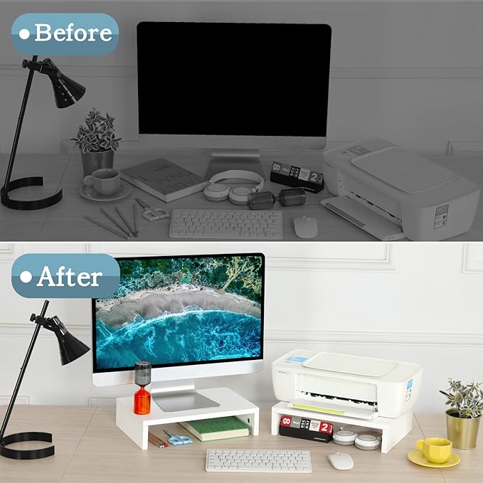 TEAMIX Monitor Stand Riser-3 Packs,Wood 3 Tiers Adjustable Monitor Stand Dual Monitor Riser for 2 Monitors/Laptop/PC Computer Stand for Desk (White, 3 PCS)