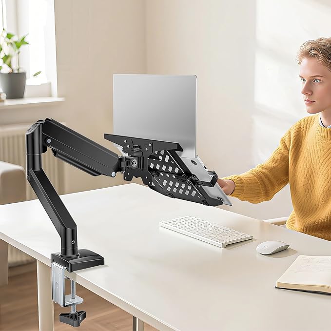 WALI Single Arm Laptop and Monitor Desk Mount for 17" Notebook and Up to 32" Screen, 2-in-1 Adjustable Gas Spring Monitor Arm with Laptop Tray, VESA 75x75 100x100,Holds 22-26.4 lbs, Black (GSMP001NLP)