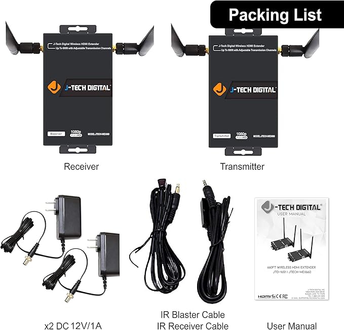J-Tech Digital Wireless HDMI Extender 1080p up to 660 ft Extension, Transmitter & Receiver Kit Selectable Frequencies to Limit Interference, IR Remote Control (up to 4 Sets)