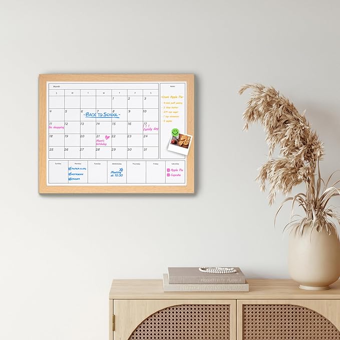 3-in-1 Dry Erase Calendar for Wall, Magnetic Monthly & Weekly Calendars Whiteboard, Dry Erase Board for Wall with Brown Wood Frame, Hanging White Board Calendar for Decor/Memo(YL+ZL-BR,4333)