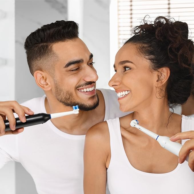 Bitvae Rotating Electric Toothbrush 2 Packs for Adults and Kids, 8 Brush Heads 60-Day Battery Life, 5 Modes Power Toothbrush with 2-Minute Smart Timer, Black & White, R1