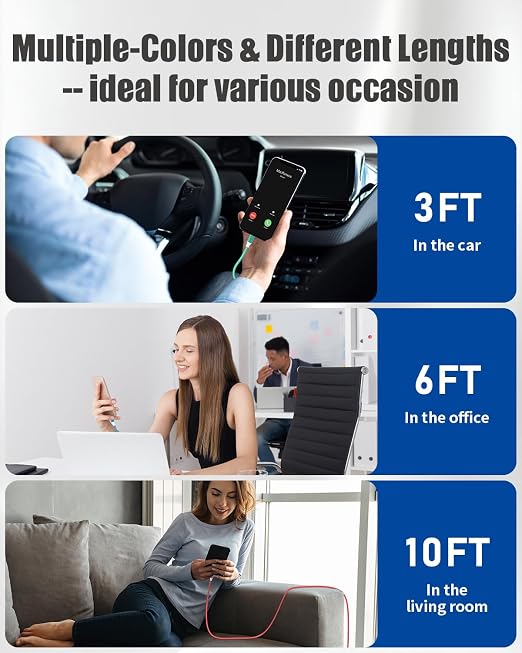 6-Pack USB to USB C Cable Type C Charger Fast Charging Cable Nylon Braided Android Charger for iPhone 16/15 Samsung Galaxy Huawei Google Pixel Sony Switch(3/3/3/6/6/10Ft)