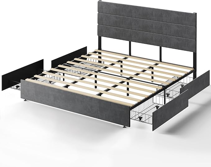 WLIVE King Size Upholstered Bed Frame with 4 Drawers and Velvet Square Tufted Headboard, Sturdy Metal & Wooden Slats Support, No Box Spring Needed, Easy Assembly, Dark Grey
