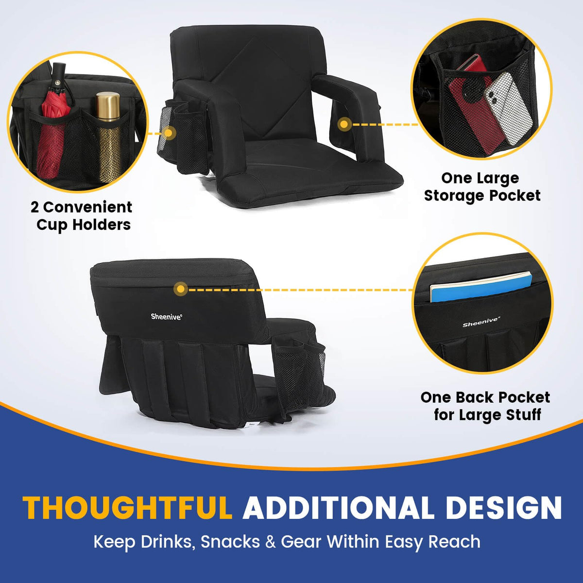 Sheenive Stadium Seat with Back Support (2 Pack) - 2.8'' Thick Comfy Cushion, Wide Padded Reclining Bleacher Seat with Armrests - Includes Backpack Strap, Carry Handle, 2 Cup Holders & 2 Large Pockets