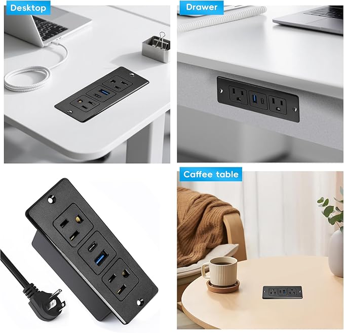 2 Pack 20W Recessed Power Strips USB, 2 AC + 1 USB-C + 1 USB-A, 6ft Cord, Space Saving Furniture Outlets for Desk/Bedside/Drawer (18W USB-A & 20W USB-C Fast Charge)