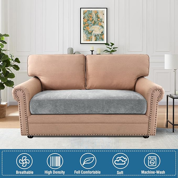 H.VERSAILTEX Stretch Chenille Couch Covers T Cushion Stretch Replacement Loveseat Slipcovers Thick Soft Loveseat Covers for 2 Cushion Couch(2 Seater Loveseat Cushion Cover,Dove)