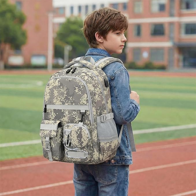 School Backpack for Boys - Camo Boys Backpack for Kids Teens Elementary, Middle & High School Bookbag Daypack with Camouflag Design,18″ Large Capacity with Usb Charging Port & Key-chain