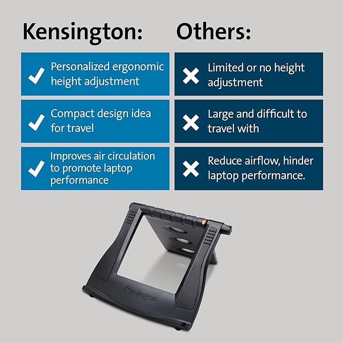 Kensington Adjustable Aluminum Laptop Stand for Desk, Ultra-Slim Lightweight Foldable Portable Notebook Holder, Anti-Slip Silicone Tablet Mount for 10"-17" Laptops and Tablets, Black K50428WW