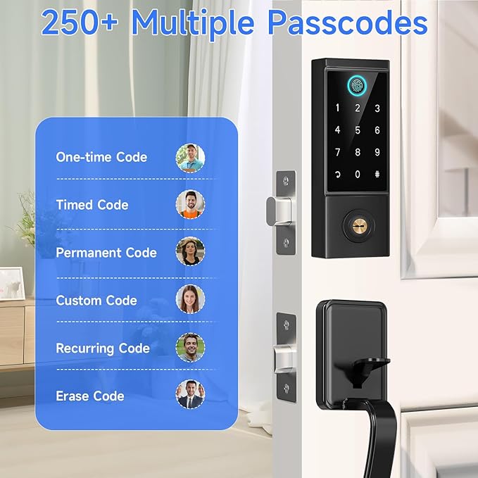 BEBASIA Heavy Duty Fingerprint Smart Door Lock for Front Door, APP Control Front Door Lock Sets, Auto Lock, Anti-Peeping Touchscreen Digital Keypad, Electronic Keyless Entry Deadbolt, Black