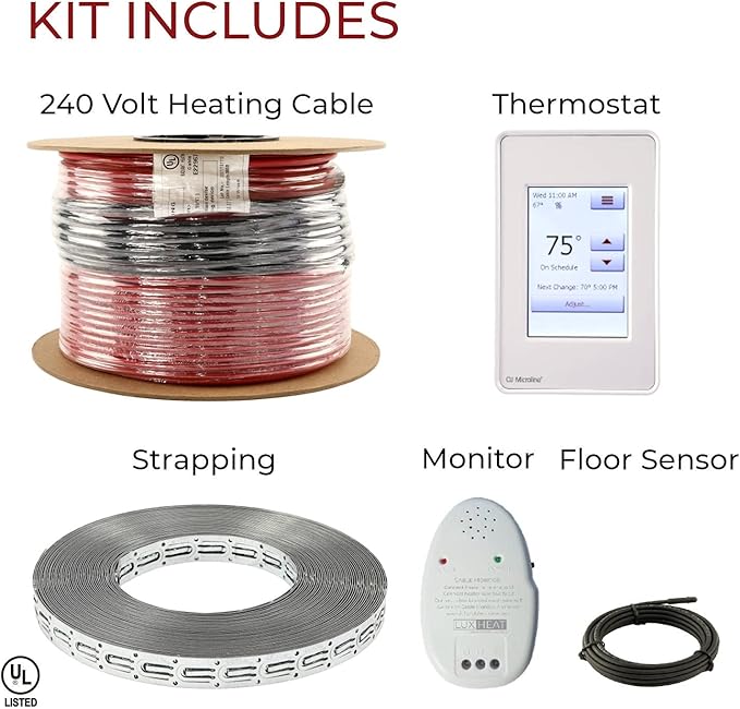 LuxHeat 80sqft Floor Heating Cable Kit - 240v Radiant Floor Heat System - Heated Flooring System Includes UDG4 Programmable Thermostat w/GFCI, Heating Cable, Strapping, Flooring Sensor & Alarm