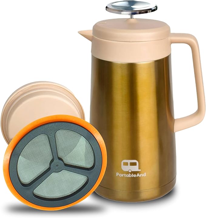 PortableAnd 34oz Double Vacuum Insulation Large Silicone French Press Coffee Maker, Metal Stainless Steel, Matte Black, Perfect for Camping, Travel, and At-Home Use (Light Gold)