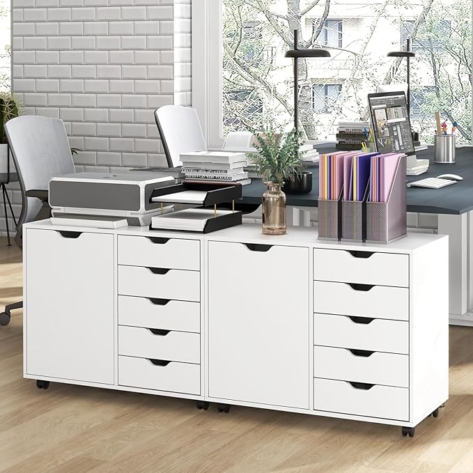 5-Drawer Wood Drawer Cabinet, Office Storage Cabinet with Adjustable Shelf & Wheels, Printer Stand for Home Office, White, 15.7" D x 30.7" W x 25.4" H
