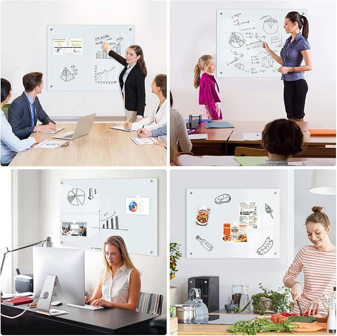 Magnetic Glass Whiteboard, 6' x 4' Glass Dry Erase Board for Wall, 72" x 48" Large Frameless White Board with 1 Marker Tray and 10 Magnets for Office, Home, Classroom - Normal White