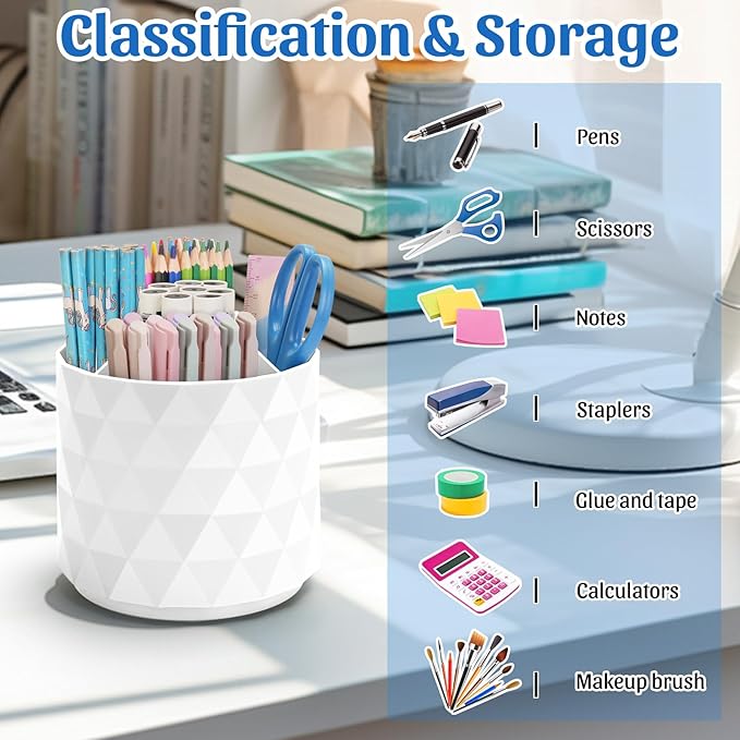 Desk Organizer,Sparkling Diamond-like Pen Holder for Desk 360°Rotating Office Accessories,Pencil Cup with 5 Compartments Storage Box Caddy for Office,School,Home,Art Supply(White)