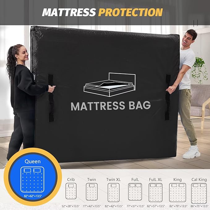 Mattress Bags for Moving and Storage, BETU Waterproof Mattress Protector Mattress Cover California King with 8 Heavy Duty Handles & Zipper Extra Thick Moving Supplies for Bed (86x75x13.5 Black)