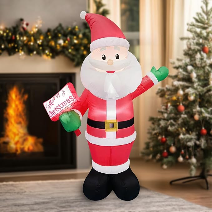 6FT Christmas Inflatable Blow up Lighted Yard Decoration Suitable for Christmas Indoor Outdoor Xmas Yard Party Holiday Garden Decor (Sign-Holding Santa Inflatable)