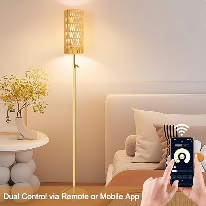 Gold Floor Lamps for Living Room Boho Rattan Floor Lamp with Remote Control & 3 Color Temperature Vintage Wicker Standing Lamp Dimmable Tall Floor Lamp for Bedroom Living Room Corner