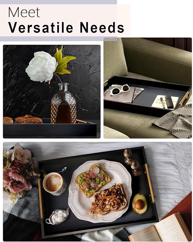 22 Inch Rectangle Black Ottoman Tray with Gold Metal Handles, Extra Large Wooden Serving Tray for Living Room, Coffee Table, Kitchen & Hosting