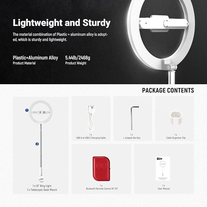 NEEWER Entry Level Version 10" 7W LED Selfie Ring Light with Desk Clamp Stand Phone Holder for iPhone, Laptop Video Conference Streaming Recording Makeup Lighting, 3 Tones 3000mAh Rechargeable, N16