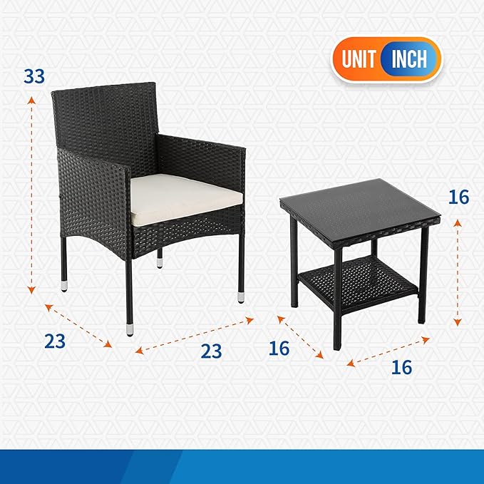 FDW | 3-Piece Patio Furniture Set | Black | Outdoor Wicker Furniture with Coffee Table | Modern Rattan Chairs Conversation Set | Outdoor Seating | Weather-Resistant | for Porch, Garden, Lawn