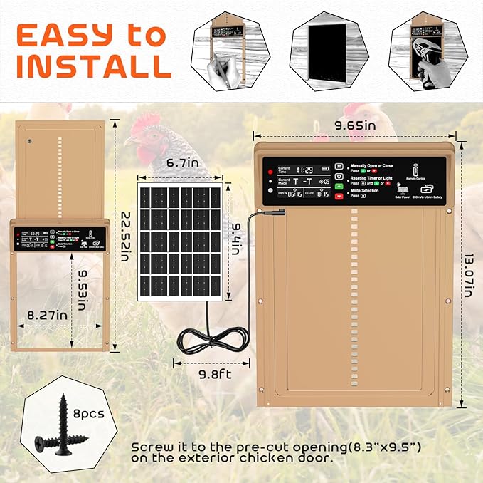 Asfrost Automatic Chicken Coop Door Solar Powered Automatic Chicken Door with Timer & Light Sensor, Anti-Pinch, Durable Aluminum Auto Chicken Door, Charge with 7W Solar Panel & USB - Brown