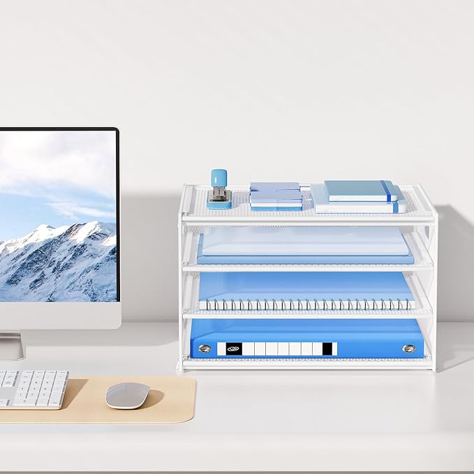 Lavatino 3-Tier Letter Tray Desk Organizer, Mesh Metal Paper File Tray Organizer for Desk, Office Supplies & Home Organization, Fits A4 Paper, Mail, Magazines & Office Accessories (White with Handle)