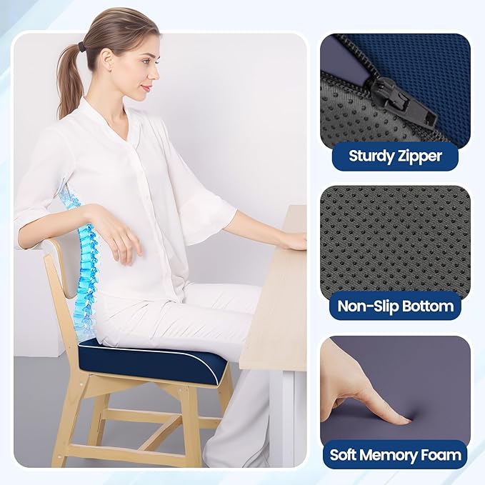 Seat Cushion for Tailbone Pain Relief, Office Chair Cushion, Memory Foam Large Chair Cushion with Non-Slip Cover for Soft Support at Office Chair, Car Seat, Airplane Drak Blue/2X-Large