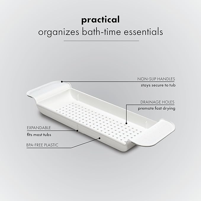 madesmart Expandable Bath Shelf, Adjustable Bathtub Tray for Bath-Night, Holds Glasses, Soaps, Toys & Bath Essentials, Non-Slip Grip, Fits Most Tubs, White