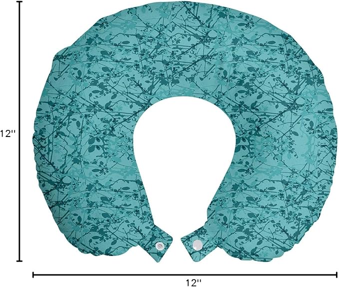 Ambesonne Teal Travel Pillow Neck Rest, Ink Drawing Inspired Intertwined Tree Branches Buds and Leaves in Abstract Design, Memory Foam Traveling Accessory for Airplane and Car, 12", Turquoise Teal