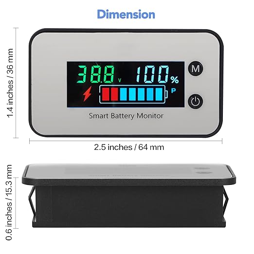 IPX7 Waterproof Battery Monitor with Bracket 7-100V,Car Motorcycle Golf cart Battery Meter Digital Display Capacity Remaining Capacity Percentage Tester with Buzzer Alarm and Temperature