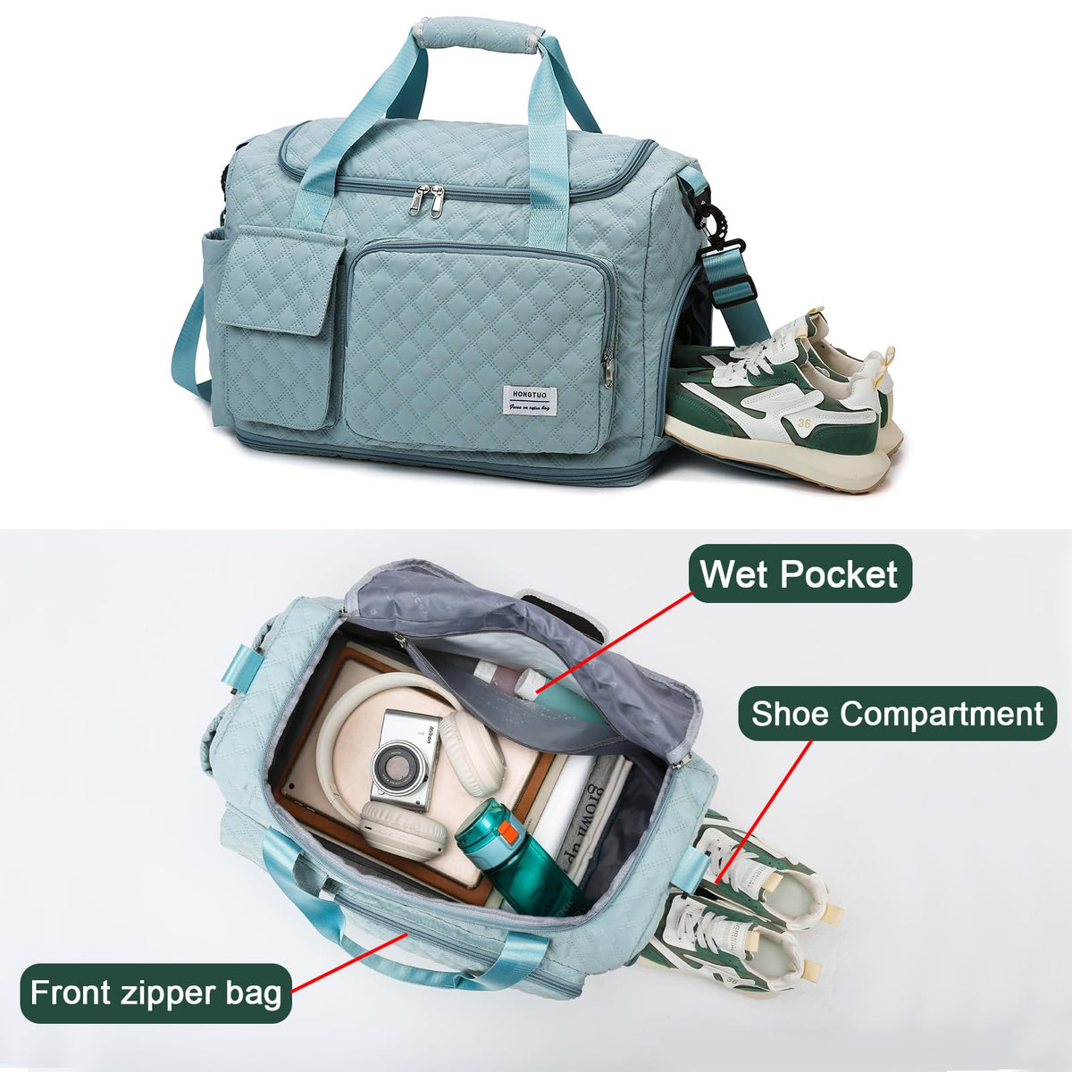 Black Weekender Travel Bag for Women with Shoe Compartment, Waterproof Extendable Travel Duffle Bag, Overnight Gym Tote Bag, Carry On Bag with Toiletry Bag