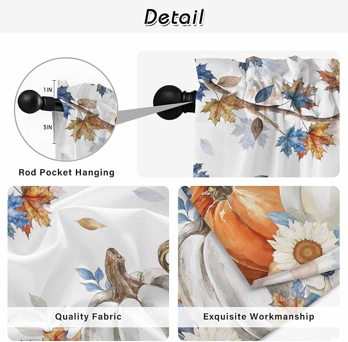 Navy Blue Pumpkin Fall Window Curtains 72 Inch Long 2 Panel Set, Rod Pocket