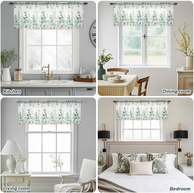 Eucalyptus Leaves Daisy Sheer Valance Curtains, Summer Farmhouses Flower Light
