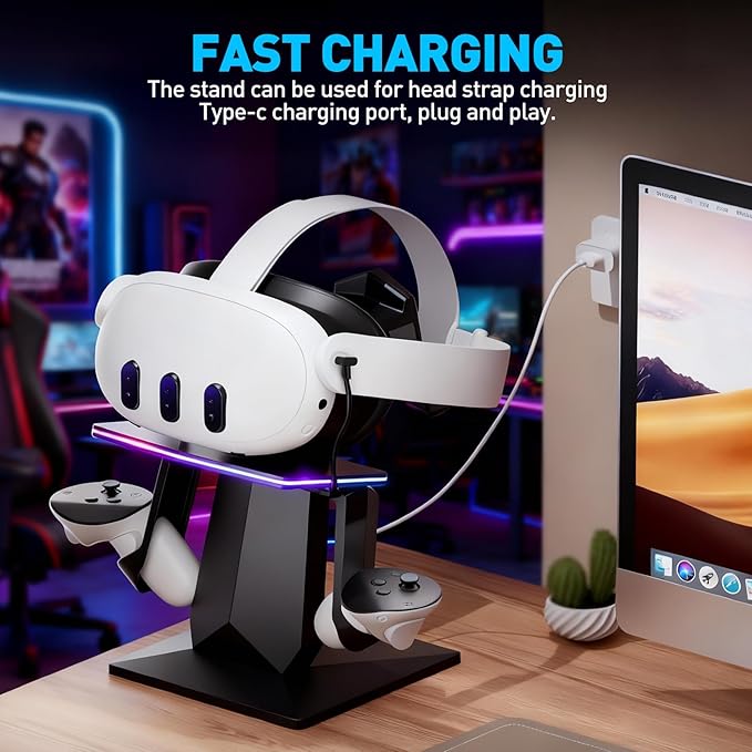 Charging Dock for Meta Quest 3S, Quest 3, 2 or Pro,RGB Charging Vertical Stand,Accessories with Brightness Adjustment and 14 Light Effects Adjustment, Type-C Charging Port