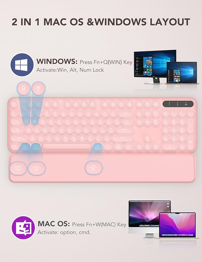 Wireless Keyboard and Mouse Backlit - Typewriter Keyboard with Retro Round Keycaps, Detachable Wrist Rest, Light Up Letters, 2.4G Rechargeable Combo for Mac, Windows, PC, Laptop, Trueque (Pink)
