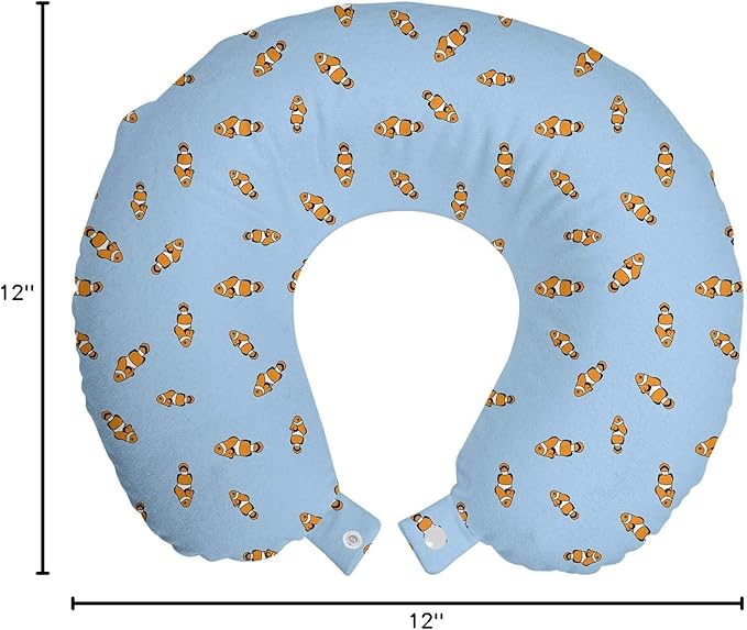 Ambesonne Cartoon Travel Pillow Neck Rest, Illustration of Clownfish Repetitive Simplistic Pattern Underwater, Memory Foam Traveling Accessory for Airplane and Car, 12", Pale Azure Blue Marigold