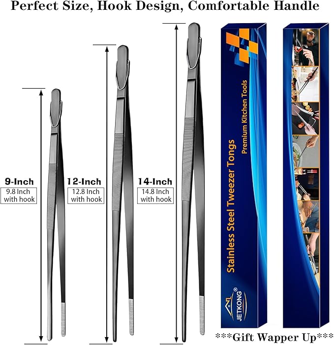 JETKONG 3 Pcs Extra Long Kitchen Tweezers 9 12 14 Inch Heavy Duty Stainless Steel Cooking Tweezers (Round Tips, Black)