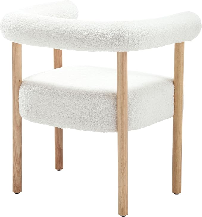 White Boucle Dining Chairs Set of 2, Modern Upholstered Dining Chairs, Curved Backrest Kitchen Dining Room Chairs Accent Chairs Arm Chairs with Natural Wood Legs