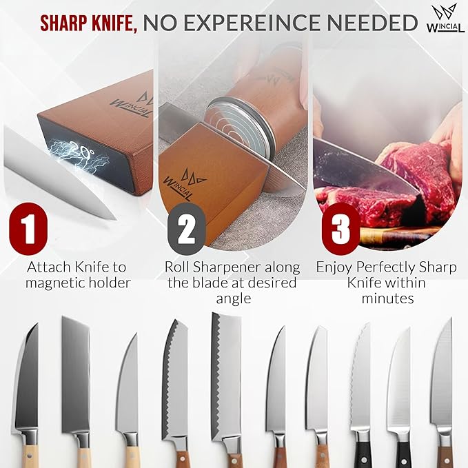 Wincial Rolling Knife Sharpener | Professional 15° Angle Manual Knife Sharpener For Japanese & Precision Blades with Magnetic Base & Non-Slip Grip