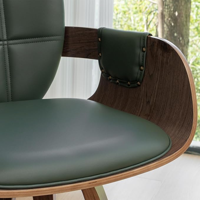 Set of 1 Mid Century Modern Chair - Swivel Dining Chair with Arms and Curved Back, Faux Leather Reception Room Chairs, Ideal for Kitchen/Living Room/Reception/Desk (Walnut Green)