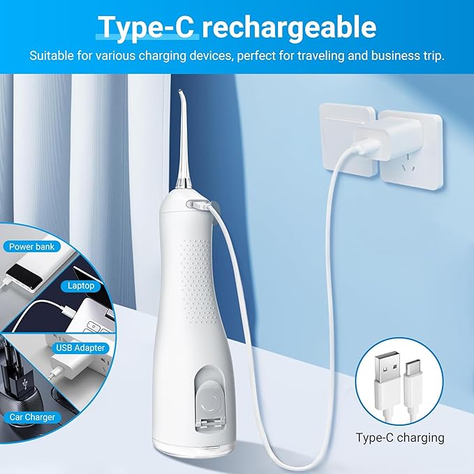 R REVA Portable Water Flosser for Teeth - 4 Modes Cordless Oral Irrigator with 300ML Tank, 360° Rotating Nozzle, 4 Jet Tips, Rechargeable, IPX7 Waterproof, Low Noise Gravity Ball Design (M159 - White)