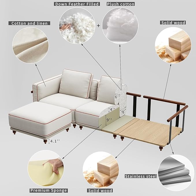 157.48" Modular Luxury Cloud Sectional Sofa with Ottoman, 70% Down-Filled Cushions, Removable Washable Ultra-Soft Linen Cover, Extra-Deep Seating, Solid Wood Armrests for Living Room