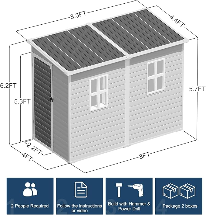 Resin Storage Shed 8x4x6 FT Waterproof Lean to Shed with Floor Included 2 Windows Lockable Door, Outdoor Plastic Sheds for Backyard Garden Patio Lawn Tools