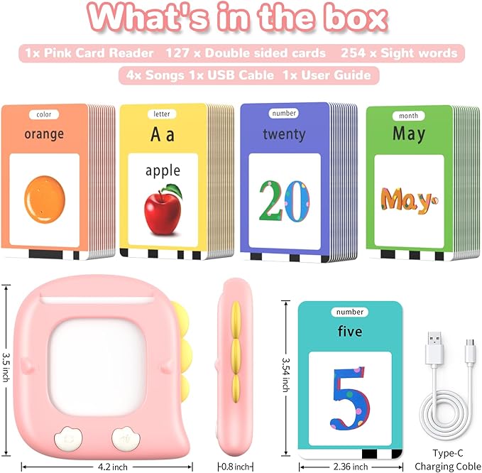 Kidzdo Dinosaur Talking Flash Cards for Toddlers 1 2 3 4 5 6 Years Old, 254 Words Pocket Speech Language Learning Toys, Great Easter Birthday Gift Ideas for Girls Ages 1-6, Pink